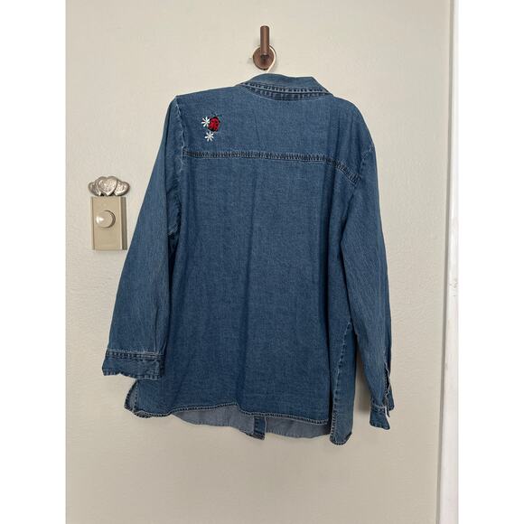 Rare Quacker Factory women's 1x denim button-up shirt embroidered ladybugs - Picture 6 of 12
